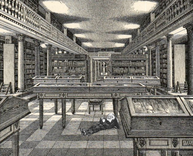 træt nisse sover på
biblioteket efter at
have trukket løjer hele dagen på akademikere